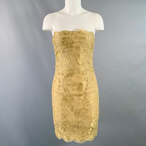OKW Size 2 Beige Gold Silk Lace Strapless Mini Cocktail Dress